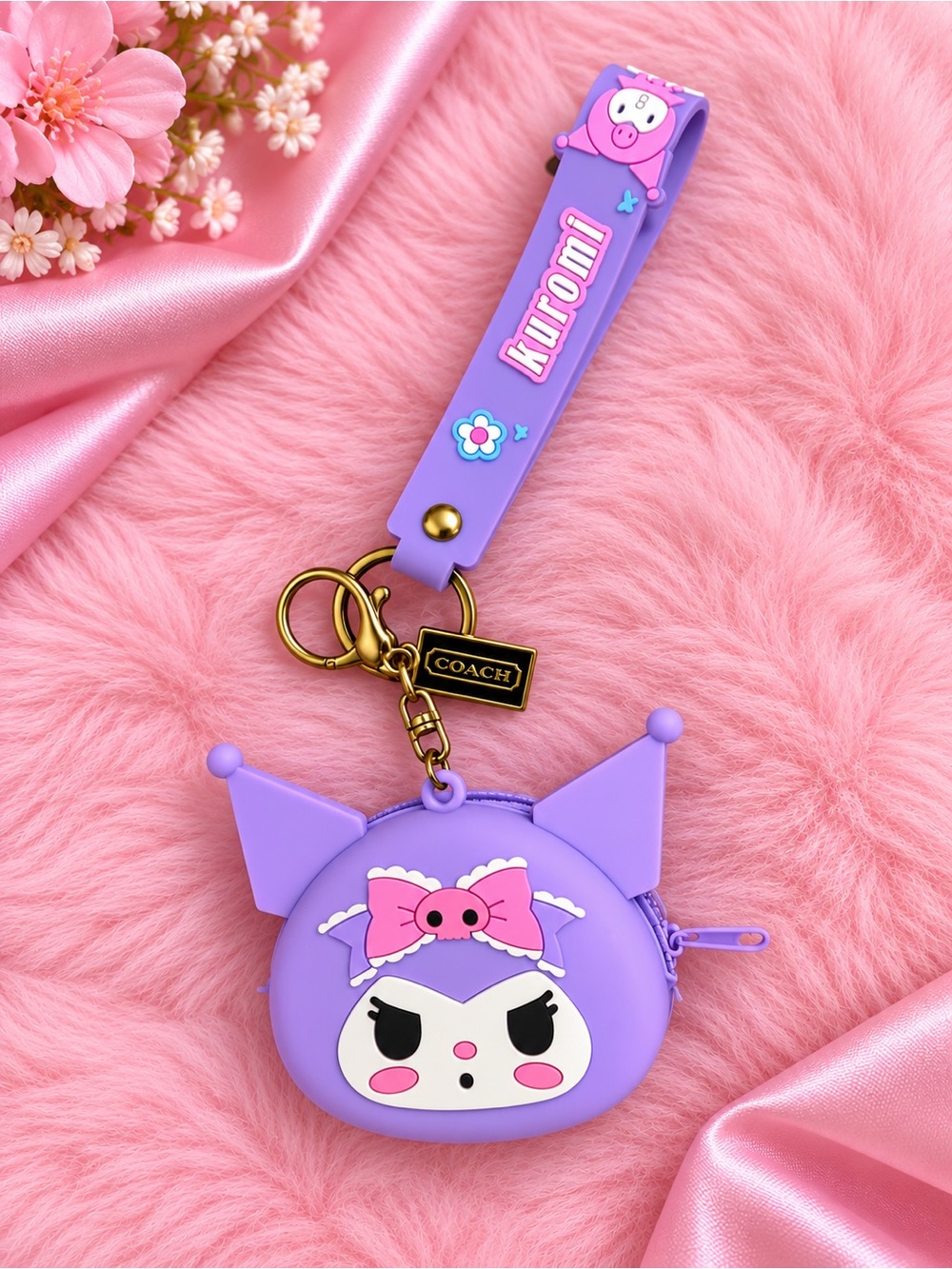Kuromi Purple Mini Zipper Pouch Keychain Wristlet Bag Charm